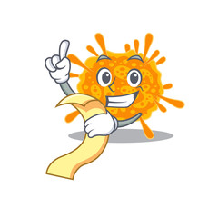 nobecovirus mascot character design with a menu on his hand