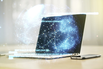 Double exposure of abstract creative programming illustration with world map on computer background, big data and blockchain concept