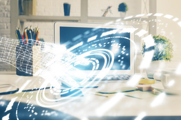 Multi exposure of desktop computer and technology theme hologram. Concept of software development.