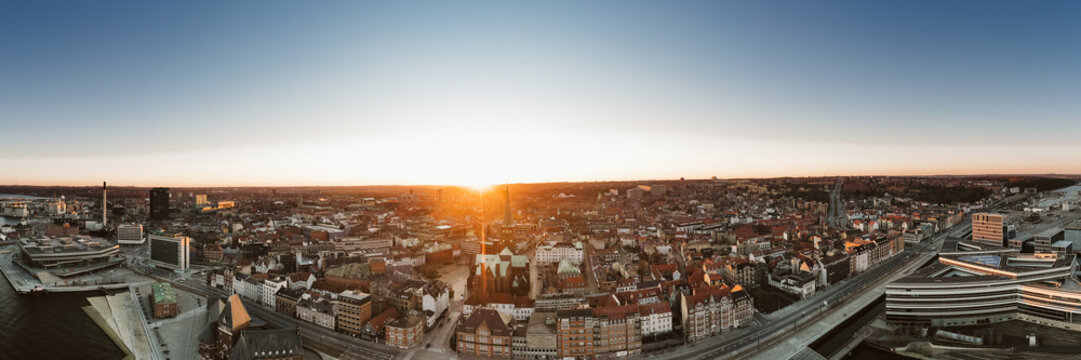 Drone panorama of Aarhus city as seen from the harbor with Cathedral, Dokk1, Navitas and other prominent buildings