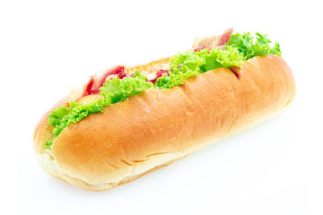 Sandwich Bread hot dog with lettuce, ketchup and Chicken. Sausage & bun. isolated on white background.