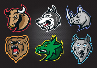 Modern professional logo set with bull, dog, rhino, bear, dragon, wolf head , for a sport team