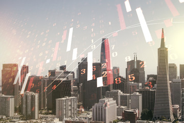 Multi exposure of virtual abstract financial graph interface on San Francisco cityscape background, financial and trading concept