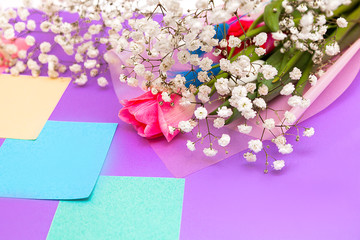 pink background with white flowers and stickers