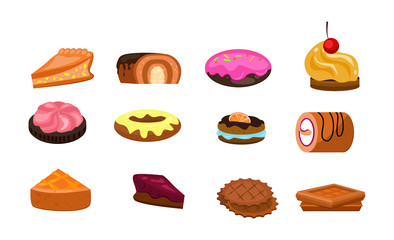Dessert set illustration. Different sweet desserts on white background. Confectionery concept. illustration can be used for topics like bakery, sweet, food