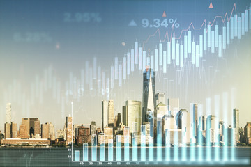 Multi exposure of virtual creative financial chart hologram on New York skyscrapers background, research and analytics concept