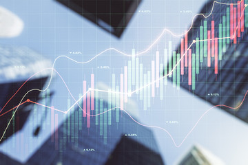 Double exposure of abstract financial chart on office buildings background, research and analytics concept