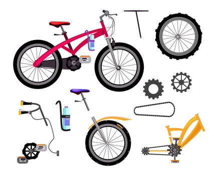 Bicycle details set. Wheel, chain, seat. Driving vehicle concept. illustration can be used for topics like sport, activity, lifestyle