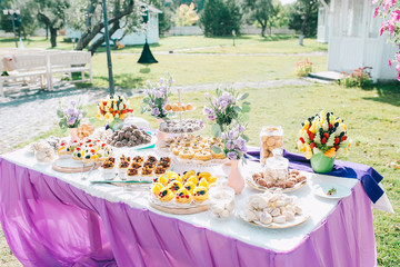 Wedding desert bar outdoor, full of colorful candies, sweets, cakes and flowers. Holidays and celebration concept.