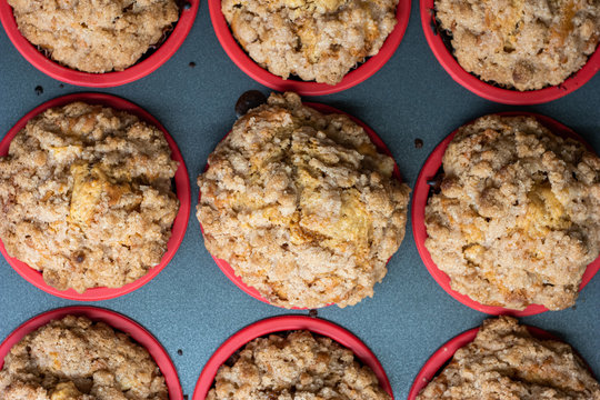 Homemade Apple Crumble Cupcake Muffins In Tray Close Up Top View Shot