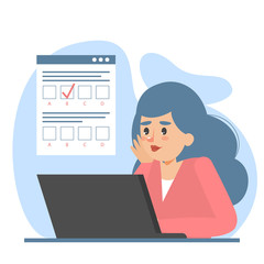 Online testing vector isolated. Woman studying on laptop