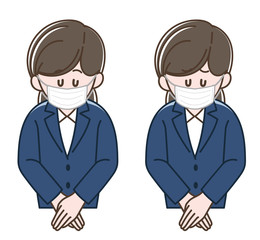 マスクをしてお辞儀をする女性のイラスト_セット
