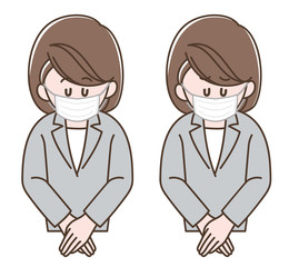 マスクをしてお辞儀をする女性のイラスト_セット