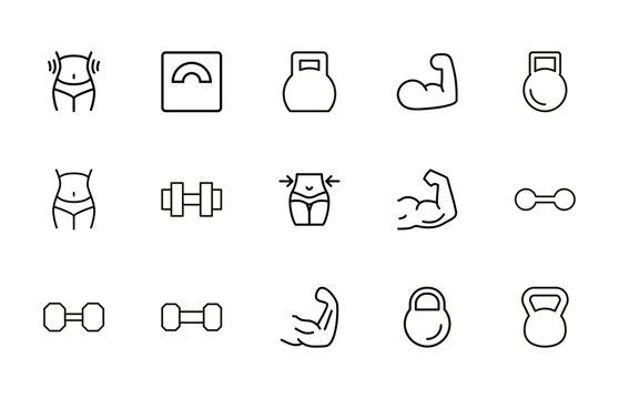 Modern thin line icons set of bodybuilding.