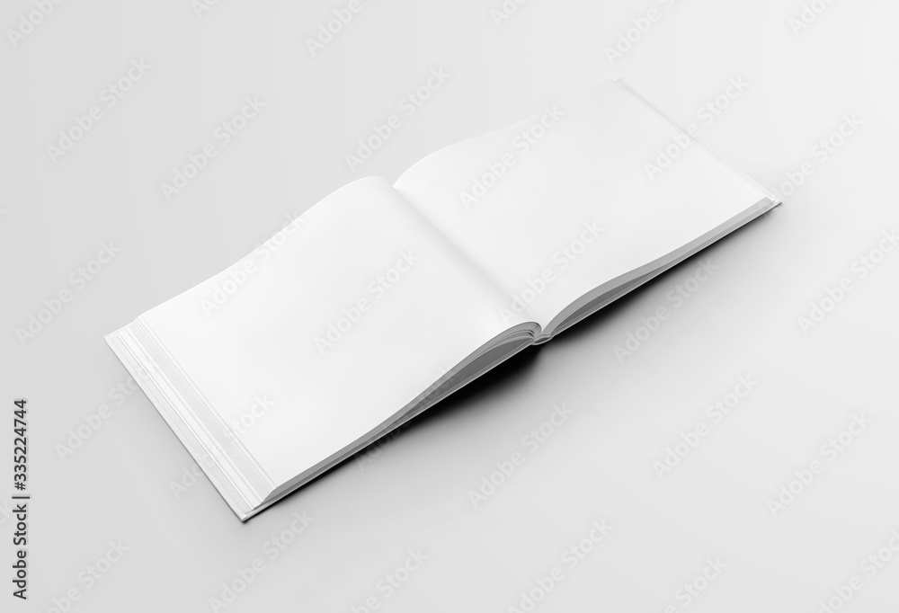 Aufkleber template of an open white book in the middle, standard diagonal hardcover object, isolated on backgr