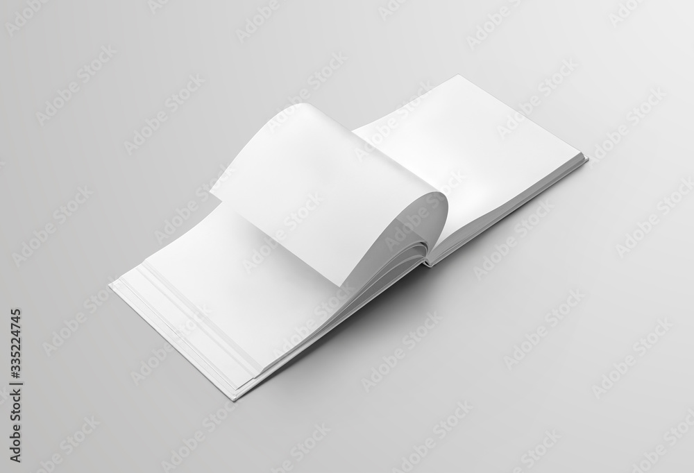 Poster Mockup of a standard blank open landscape orientation book with a page flip for presentation design.