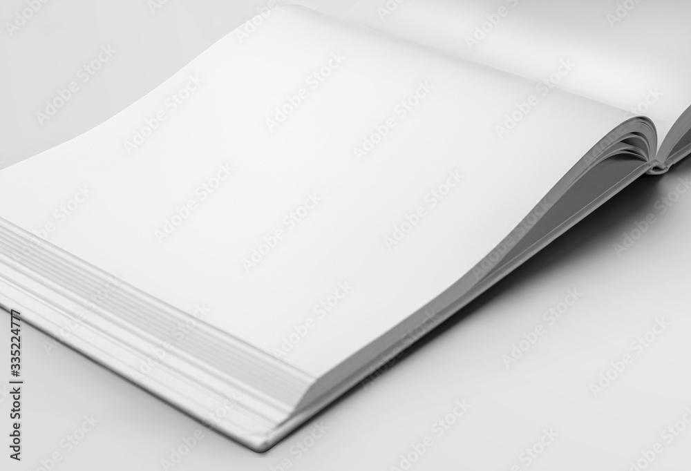 Poster mockup of a white blank page of an open landscape orientation book, with realistic shadows, for desi
