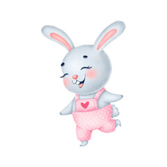Cute little gray bunny girl in pink overalls with a red heart on a white background