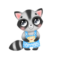 Cute little raccoon in blue overalls with a letter on a white background