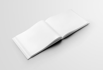 Template of an open white book in the middle, standard diagonal hardcover object, isolated on background.