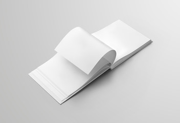 Mockup of a standard blank open landscape orientation book with a page flip for presentation design.