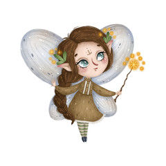 Cute little forest fairy with a magic wand on a white background