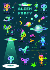 Cute Colorful Alien Party Cartoon Characters Set Clipart on Dark Background