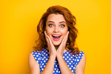 Fototapeta na wymiar Close-up portrait of her she nice attractive lovely charming cute pretty cheerful cheery wavy-haired girl good news reaction pleasure isolated over bright vivid shine vibrant yellow color background