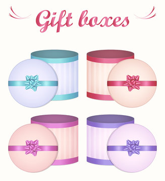 Vector Illustration. Isolated Cylindrical Gift or Dress Boxes with Separate Lids and Realistic 3D Bows