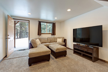 Living room interior with beige sofa, natural touches, custom build wooden bunk bed, tall ceiling with loft.