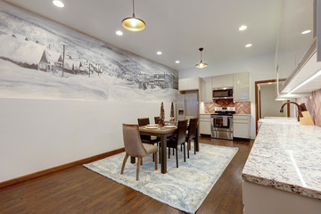 Luxury natural rustic and modern dining room interior design with tall ceiling and mural of old village