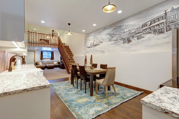 Luxury natural rustic and modern dining room interior design with tall ceiling and mural of old village