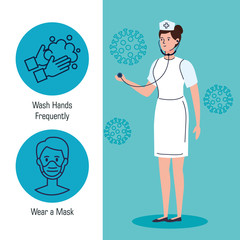 nurse with set of recommendations for covid 19 vector illustration design