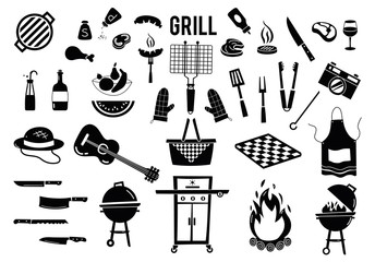 Summer, spring barbecue grill and picnic icons set. Collection grill tools, party items, decorations. Vector isolated on white background.
