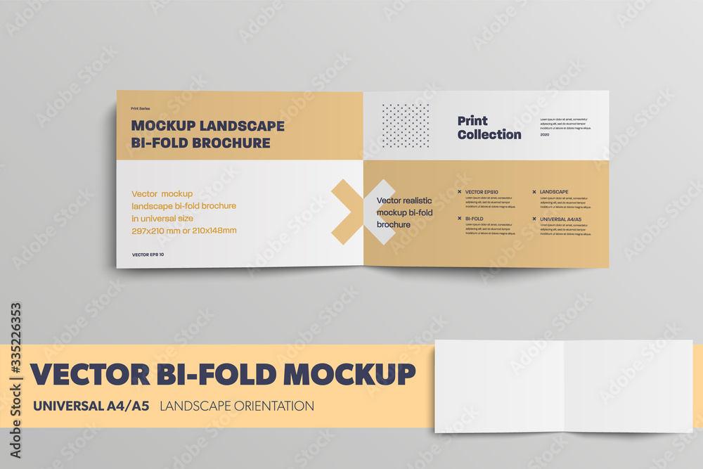 Poster Mockup vector bifold, inside, with abstract pattern, for design presentation. Universal landscape template A4, A5 booklet with realistic shadows.