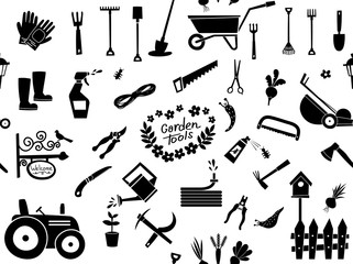Big gardening pattern icons set and design elements. Garden tools and decor collection, isolated pattern on a white background.