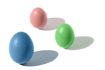 Three colored eggs with shade on white background