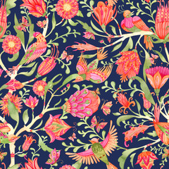 Colorful watercolor seamless pattern with cute birds on blue background. Fairytale folk hand painted illustration.