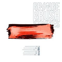 Red brush stroke and texture. Grunge vector abstract hand - painted element. Underline and border design.