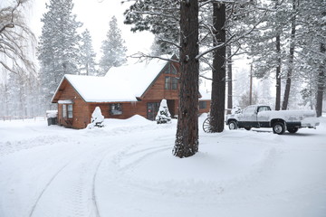 WInter snowy cabin house exterior with forest and pine trees and snow mobile tracks.