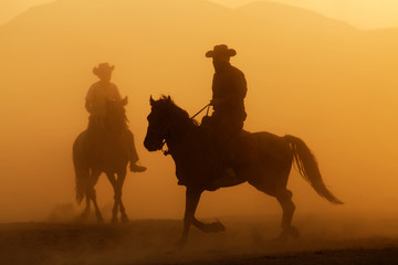 Silhouette of lonesome cowboy riding horse at sunset,