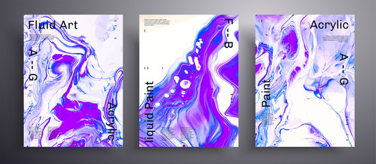 Abstract vector banner, texture collection of fluid art covers. Trendy background that can be used for design cover, poster, brochure and etc. Purple, blue and white unusual creative surface template