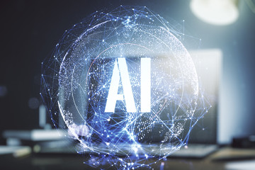 Creative artificial Intelligence symbol concept with modern computer on background. Double exposure