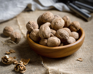 Nuts in a wooden plate