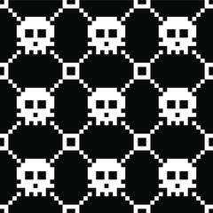 Seamless pixel art monochrome vector pattern with white sculls on black background. Gift wrapping paper, interior, cloth, fabric or web design.