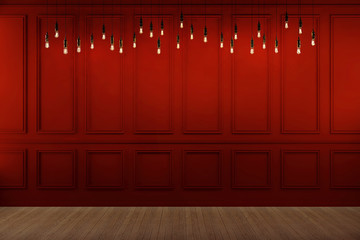 Red Wainscot Mockup Wall with Hanging Light Bulb, 3D Render. 