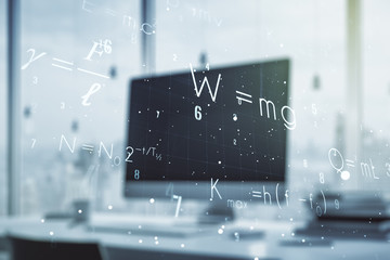 Creative scientific formula concept on modern laptop background. Multiexposure