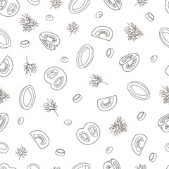 
Tomato salad greens and onions. Seamless pattern. Contour image. Design element. Vector illustration.