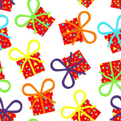 Seamless vector birthday party pattern with colorful gifts, presents on white background. Gift wrapping paper, interior, cloth, fabric or web design.