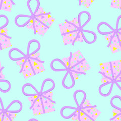 Seamless vector birthday party, baby shower pattern with pastel pink gifts, presents on blue background. Gift wrapping paper, interior, cloth, fabric or web design.